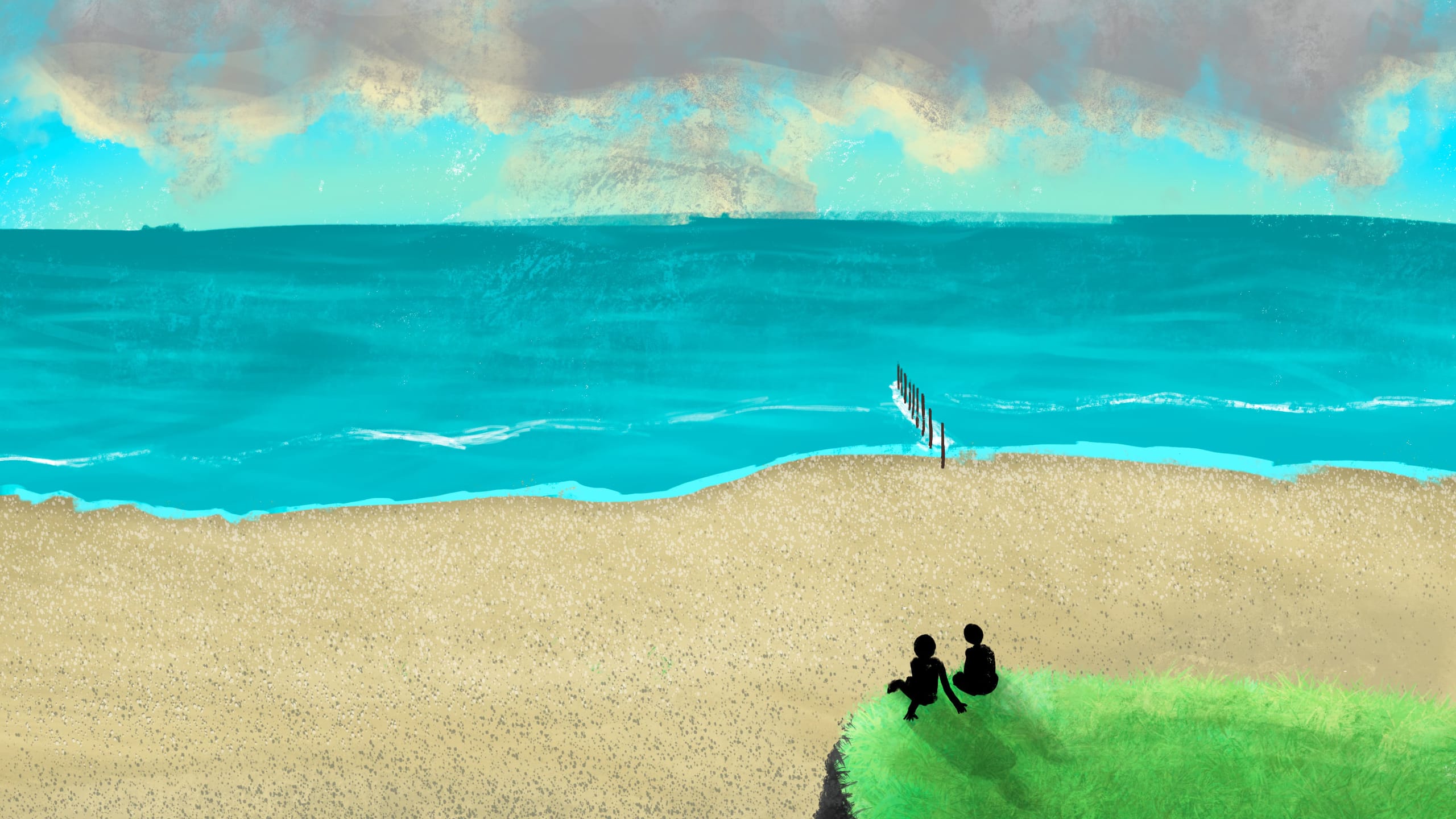 Two people sitting on a cliff watching the ocean